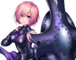  1girl absurdres armored_leotard black_leotard breasts breasts_apart eyebrows_visible_through_hair fate/grand_order fate_(series) faulds gauntlets hair_between_eyes highres kamuinii leotard looking_at_viewer mash_kyrielight medium_breasts pink_hair purple_eyes shield shiny shiny_hair short_hair simple_background smile solo upper_body white_background 