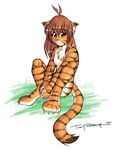  2005 black breasts brown_hair chest_tuft claws feline female flora_(twokinds) grass hair keidran long_brown_hair long_hair looking_at_viewer nude orange sitting small_breasts smile solo stripes tail tiger tom_fischbach twokinds white yellow_eyes 