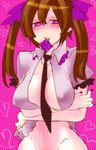  between_breasts blush bottomless breasts brown_hair condom condom_in_mouth groin hair_ribbon hata-tan heart heart-shaped_pupils himekaidou_hatate large_breasts mouth_hold nail_polish naked_shirt necktie no_bra open_clothes open_shirt out-of-frame_censoring purple_eyes ribbon rui_(hershe) saliva shirt solo symbol-shaped_pupils touhou twintails 