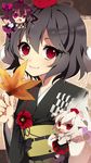  alternate_costume amaya_enaka bad_id bad_pixiv_id black_hair bow camellia chibi fan fang flower hair_bow hat hauchiwa himekaidou_hatate inubashiri_momiji japanese_clothes kimono multiple_girls red_eyes shameimaru_aya silver_hair smile tokin_hat touhou twintails upper_body 