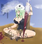  arrancar black_panties bleach blood breasts cleavage espada green_hair guro highres hollow huge_breasts miniskirt neliel_tu_oderschvank nelliel_tu_odelschwanck panties skirt sky smile stiky_finkaz sword underwear viking weapon yellow_eyes 