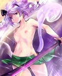  black_hairband flat_chest ghost hairband heterochromia katana konpaku_youmu konpaku_youmu_(ghost) nipples open_clothes open_skirt red_eyes short_hair silver_hair skirt solo sword tanada topless touhou weapon 