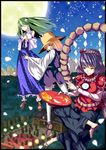  absurdres blonde_hair detached_sleeves frog green_eyes green_hair hair_ornament hat highres kochiya_sanae long_hair moriya_suwako multiple_girls purple_hair red_eyes short_hair thighhighs touhou white_legwear yasaka_kanako yellow_eyes yukito_(freedom) 