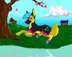  blue_hair cherry_blossom cloud crimes cute day digitigrade ear_tuft feral goggles green_eyes hair hindpaw looking_at_viewer lying outside solo sparkledog summer ☢ 