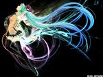  aqua_eyes aqua_hair boots closed_eyes detached_sleeves gradient_hair hatsune_miku long_hair multicolored_hair necktie profile skirt solo thigh_boots thighhighs twintails very_long_hair vocaloid yutu 