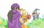  1girl bianca blonde_hair blush bracelet cape chinyan couple dragon_quest dragon_quest_v earrings evil_apple fangs hero_(dq5) hetero hug imminent_kiss jewelry monster slime_knight surprised turban 