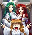  :&lt; :d alternate_costume bare_shoulders blush bow closed_eyes green_eyes green_hair grin hair_bow hat horn_ribbon horns ibuki_suika japanese_clothes kimono koto_tsubane long_hair mima multiple_girls off_shoulder one_eye_closed open_mouth orange_hair outstretched_arms red_hair ribbon rope shingyoku smile spread_arms touhou touhou_(pc-98) very_long_hair wizard_hat 