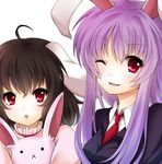  :o :x animal_ears blazer brown_hair bunny bunny_ears face highres inaba_tewi jacket long_hair multiple_girls necktie one_eye_closed purple_hair red_eyes red_neckwear reisen_udongein_inaba rokutelie short_hair simple_background smile touhou 