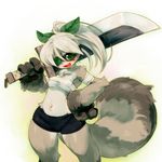  bandage big_hands blush chest_tuft clothing cotora eye_patch eyewear female fur green_eyes hair leaves mammal navel ponytail raccoon sarashi shorts solo sword tail tomboy tuft weapon white_hair wide_hips 