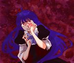  ahoge angry bad_id bad_pixiv_id bangs blood blue_hair bow claws crazy_eyes dress fingernails frederica_bernkastel injury long_fingernails nobicco nosebleed red_eyes sharp_teeth solo spoilers sweat teeth twilight_of_the_golden_witch umineko_no_naku_koro_ni 