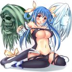  asymmetrical_wings bare_shoulders black_legwear blue_hair blush breasts cleavage detached_sleeves dizzy gagaga guilty_gear hair_ribbon large_breasts navel necro_(guilty_gear) red_eyes ribbon sitting tail tail_ribbon thighhighs underboob undine_(guilty_gear) wariza wings 