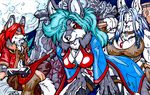  2005 big_breasts blue_eyes blue_hair breasts brown canine chest_tuft chubby cleavage collar fangs female fenrir_lunaris fox grey group hair half-closed_eyes hammer long_blue_hair long_hair long_red_hair looking_at_viewer lute male moon necklace night outside red_eyes red_hair viking white wolf 