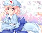  bad_feet bug butterfly ghost hat insect japanese_clothes lying on_stomach pink_eyes pink_hair puracotte purple_eyes saigyouji_yuyuko solo touhou 