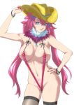  1girl areola_slip areolae arm_up blue_eyes blush bracelet breasts cameltoe cleavage cowboy_hat erect_nipples fur_trim groin hand_on_headwear hat jewelry kagura_(oneechanbara) large_breasts lips long_hair looking_at_viewer minpei_ichigo nail_polish navel oneechanbara parted_lips pink_hair pubic_tattoo shiny shiny_hair shiny_skin sideboob simple_background skindentation slingshot slingshot_swimsuit smile solo standing strap_gap sweat swimsuit tattoo teeth thighhighs thighs twintails very_long_hair white_background 