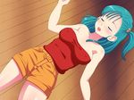  1girl bare_shoulders blush breasts bulma dragon_ball engawa_suguru erect_nipples erodon_hearts eyes_closed faint green_hair hair_ornament highres large_breasts legs long_hair lying on_back open_mouth shorts side_ponytail solo strapless thighs top wooden_floor 