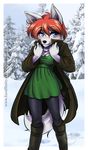  blue_eyes blush boots dress female green_dress hair necklace red_hair snow solo winter winter_coat 