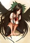  arm_support black_hair black_legwear black_panties bow breasts cleavage green_bow hair_bow kneeling kuronuko_neero large_breasts long_hair panties red_eyes reiuji_utsuho smile solo thighhighs third_eye touhou underwear very_long_hair wings 