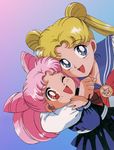  2girls age_difference bishoujo_senshi_sailor_moon blue_eyes chibi_usa child family happy headlock hug loli lowres mother_and_daughter multiple_girls official_art portrait red_eyes school_uniform smile tsukino_usagi twintails 