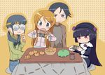  3girls :3 @_@ bad_id bad_pixiv_id chibi coke-bottle_glasses food fruit glasses gokou_ruri gothic_lolita handheld_game_console kotatsu kousaka_kirino kousaka_kyousuke lolita_fashion makishima_saori mandarin_orange mole mole_under_eye multiple_girls niizuka_(c-drop) ore_no_imouto_ga_konna_ni_kawaii_wake_ga_nai playstation_portable table wavy_mouth 