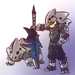  armor gen_3_pokemon hand_on_hip helmet hitec lairon male_focus moemon monster_hunter parody personification pokemon pokemon_(creature) sword weapon 