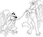  anthro avian balls bdsm black_and_white bleuhawke bondage bound breasts collar duo female gryphon male monochrome nude penis plain_background pussy sex sketch straight teasing white_background wings 