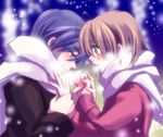  1girl antenna_hair blue_eyes blue_hair blush brown_eyes brown_hair clannad furukawa_nagisa husband_and_wife okazaki_tomoya scarf snow winter yuzuki_kisa 