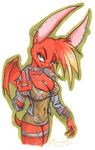  bat big_breasts breasts cleavage collar ear_piercing female fishnet garters jacket lizardbeth necklace piercing red skimpy solo spiked_bracelet spiked_collar spiked_hair stockings the_finger wings 