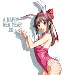  2011 animal_ears arched_back bare_shoulders blush breasts brown_eyes brown_hair bunny_ears bunny_girl bunny_tail bunnysuit covered_navel fishnet_pantyhose fishnets from_side hair_ribbon happy_new_year long_hair love_plus medium_breasts new_year open_mouth pantyhose ponytail ribbon shadow shadow_puppet sideboob smile solo tail takane_manaka takeda_hiromitsu wrist_cuffs 