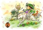  1girl amaterasu artist_request brush crossover hat helmet imp issun link link_(wolf) midna ookami_(game) petals red_eyes smile the_legend_of_zelda the_legend_of_zelda:_twilight_princess wolf 