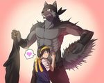  &hearts; anthro blush canine claws clothing couple duo eyes_closed female hair hug human interspecies love male mammal muscles shirt straight tail topless unknown_artist 