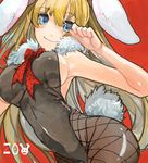  animal_ears armpits bare_shoulders blonde_hair blue_eyes breasts bunny_ears bunnysuit copyright_request face fishnet_pantyhose fishnets leotard long_hair medium_breasts pantyhose pupps sideboob smile solo 