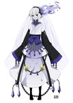  boots bow chain chandelure crystal full_body gen_5_pokemon grey_hair hair_ornament hairband highres japanese_clothes long_skirt merlusa personification pokemon purple_eyes purple_hair short_hair simple_background skirt smile solo standing veil white_background 