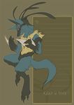  ambiguous_gender blades blood caption chest_tuft claws fang helen_zhu looking_at_viewer lucario pok&eacute;mon red_eyes solo tail 