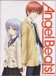  1girl absurdres angel_beats! back-to-back blazer blue_hair brown_eyes brown_hair highres jacket long_hair na-ga otonashi_(angel_beats!) school_uniform short_hair tenshi_(angel_beats!) yellow_eyes 