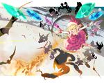  1girl ascot bad_id bad_pixiv_id bat blonde_hair fang flandre_scarlet highres outstretched_arms outstretched_hand ponytail red_eyes short_hair side_ponytail smile solo touhou wings 