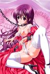  bed blush breasts chain_leash collar corset erect_nipples female high_heels human not_furry panties pillow purple_eyes purple_hair stockings underwear unknown_artist wedgie 