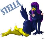  anthro avian beak big_breasts bird blue blue_eyes blue_feathers breasts female hair huge_breasts long_hair looking_at_viewer nipples nude one_eye_closed open_mouth plain_background pose purple_hair solo stella unknown_artist white_background wink 