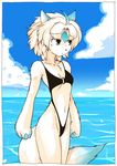 blue_eyes breasts canine clothed clothing female fur_markings kazuhiro mammal mole ocean sea skimpy slim solo standing swimsuit thin tight_clothing water wolf 