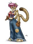  brown brown_eyes brown_fur cat clothed clothing ear_piercing earring feline female fur gideon gloves hair mammal midriff navel necklace pacifier piercing pink_hair plain_background short_hair solo standing tail union_flag union_jack white_background 