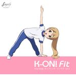  blonde_hair blue_eyes errant full_body gym_uniform k-on! kotobuki_tsumugi long_hair pants ponytail solo stretch track_pants 