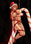  artist_name bdsm bondage bound breast_press breasts brown_eyes candy candy_cane covered_nipples ecchi-mia food hat hips large_breasts legs long_hair nami_(one_piece) navel nipples one_piece orange_hair ribbon ribbon_bondage santa_hat smile thighs 