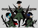  amesawa_mokke bad_id bad_pixiv_id baddap_sleed blue_hair cape eska_bamel green_hair hat inazuma_eleven inazuma_eleven_(series) male_focus military military_uniform mistorene_callus multiple_boys tattoo uniform white_hair 