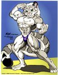  buff feline flexing green_eyes ken_sample looking_at_viewer male muscles pose smile snow_leopard solo tail thong 