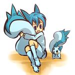  :d blue_eyes blue_hair blush_stickers gen_4_pokemon hitec hug kneehighs moemon open_mouth pachirisu personification pokemon pokemon_(creature) shorts smile tail tail_hug 
