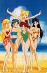  5girls ^_^ aino_minako bare_shoulders barefoot beach bikini bishoujo_senshi_sailor_moon blonde_hair blue_hair breasts cleavage eyes_closed feet female friends hino_rei kino_makoto large_breasts long_hair lowres midriff mizuno_ami multiple_girls official_art open_mouth piggyback purple_hair red_hair sailor_jupiter sailor_mars sailor_mercury sailor_moon sailor_venus smile summer swimsuit tsukino_usagi very_long_hair wrap 