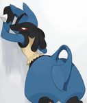  ambiguous_gender bent_over blush female leaning looking_at_viewer looking_back lucario nintendo plain_background pok&#233;mon pok&eacute;mon red_eyes solo video_games white_background 