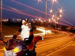  canine crygus fox fursuit green_eyes headlights imminent_fail male mammal motorcycle night real road solo street street_light streetlight unknown_artist 
