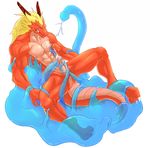  atelier_iris balls biceps blade_(pixiv) cum dragon erection goo gray_(character) horn horns male muscles nipples orange_body orgasm penis plain_background red scalie tail tentacles unknown_artist white_background 