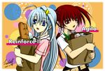  agito_(nanoha) ahoge belt blue_eyes blue_hair carrying food hair_ornament leoheart lyrical_nanoha magic_circle mahou_shoujo_lyrical_nanoha_strikers mahou_shoujo_lyrical_nanoha_vivid multiple_girls red_eyes red_hair reinforce_zwei spring_onion x_hair_ornament 