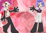  1girl big_hair blue_eyes boots clothes_writing elbow_gloves gen_4_pokemon gloves green_eyes hair_slicked_back kamex_nakasho kojirou_(pokemon) long_hair mime_jr. miniskirt musashi_(pokemon) panty_&amp;_stocking_with_garterbelt parody pokemon pokemon_(anime) pokemon_(creature) purple_hair red_hair skirt smile style_parody team_rocket thighhighs 